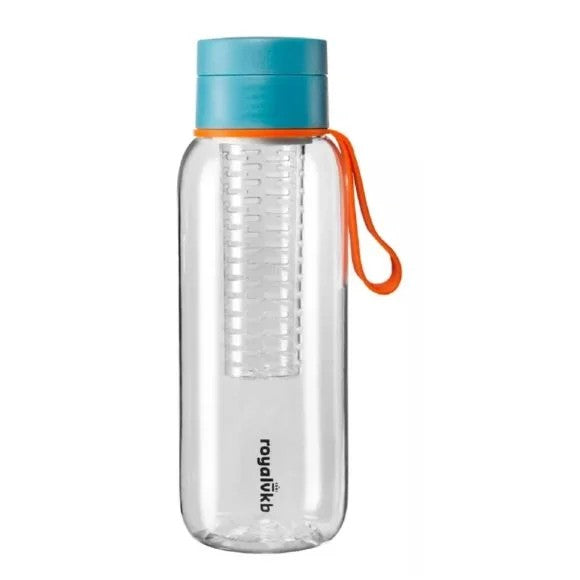 Transparante drinkfles met infuser van Royal Van Kempen, petrolblauwe dop en oranje draaglus, inhoud 600 ml.