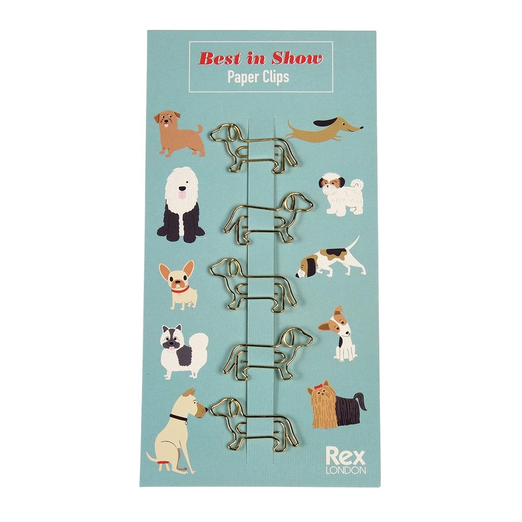 Vijf goudkleurige hondclips op een turquoise kaartje met de tekst Best in Show Paper Clips en getekende honden van verschillende rassen