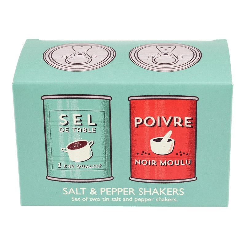 Turquoise kartonnen doosje met de twee blikvormige strooiers erop afgebeeld en de tekst Salt & Pepper Shakers