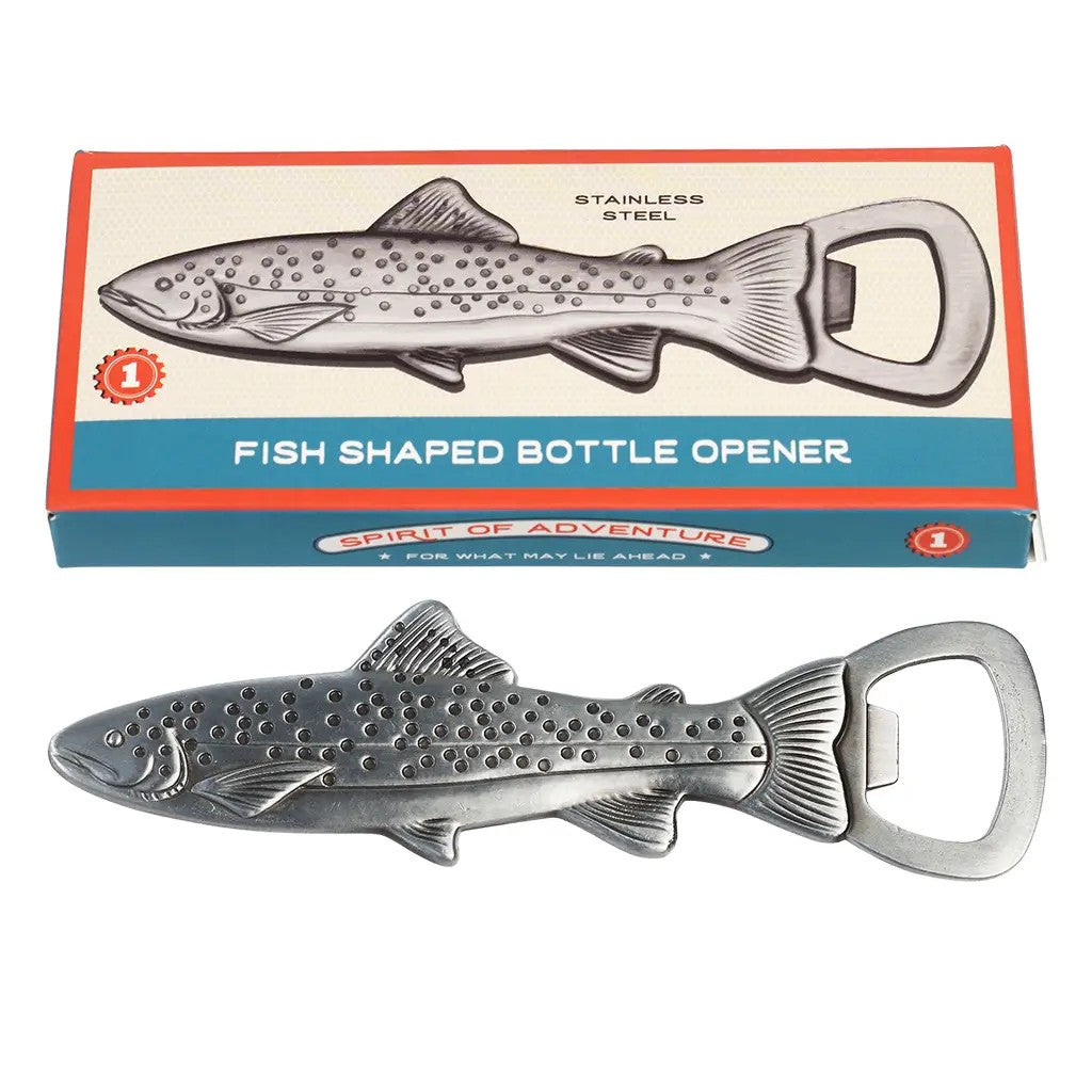 Visvormige flesopener voor een retro presentatiedoosje in rood, blauw en crème met de tekst Spirit of Adventure