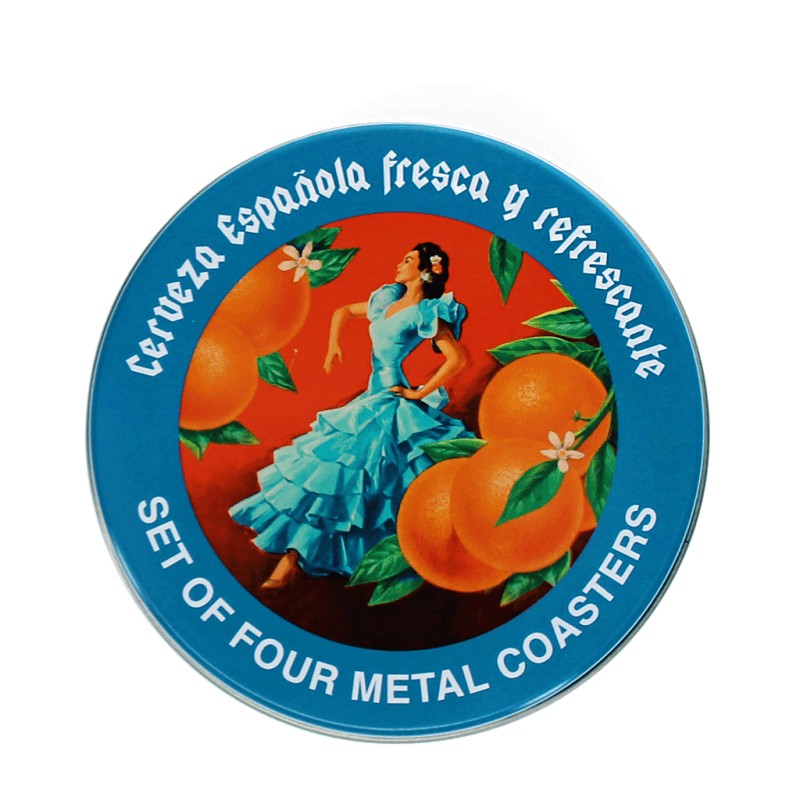 Bovenkant van het opbergblik met een danseres in turquoise jurk tussen sinaasappels en de tekst Set of four metal coasters