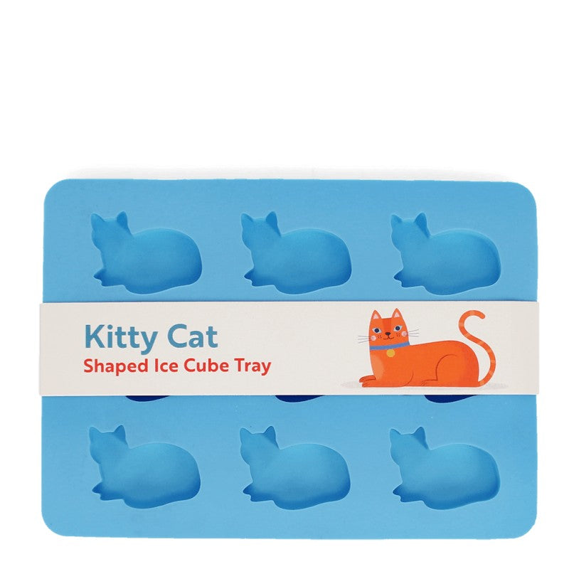Blauwe ijsblokjesvorm met negen kattenvormige vakjes en een papieren band met de tekst Kitty Cat Shaped Ice Cube Tray