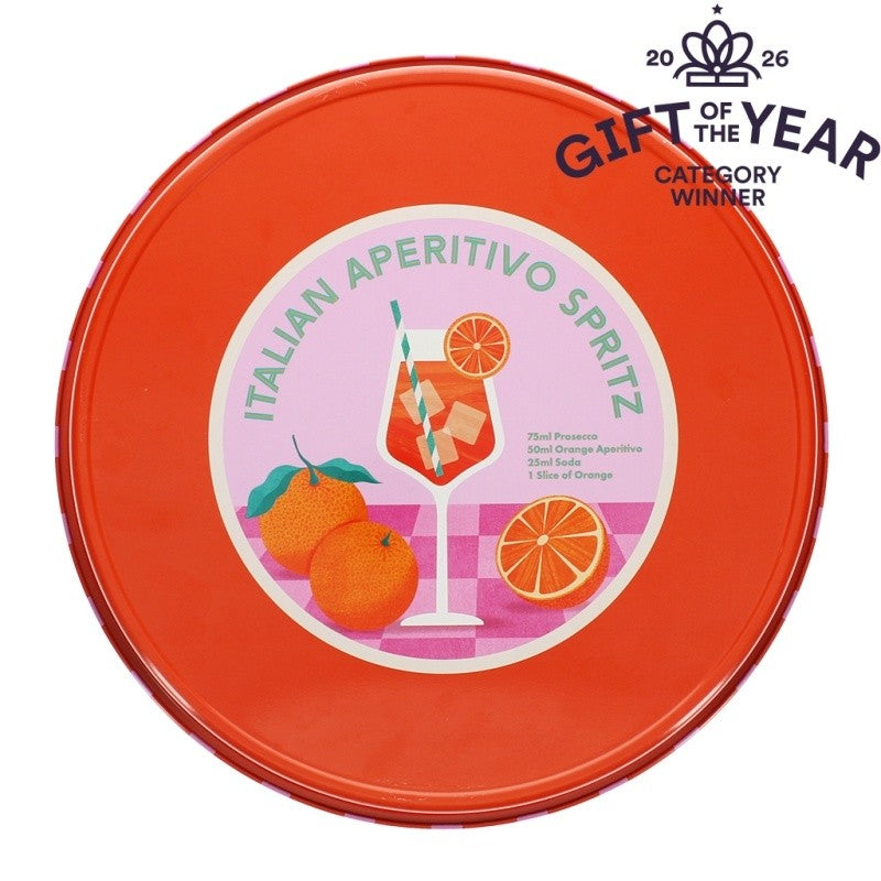 Rode achterzijde van het ronde dienblad met een ovale afbeelding van het Aperitivo Spritz-ontwerp in het midden