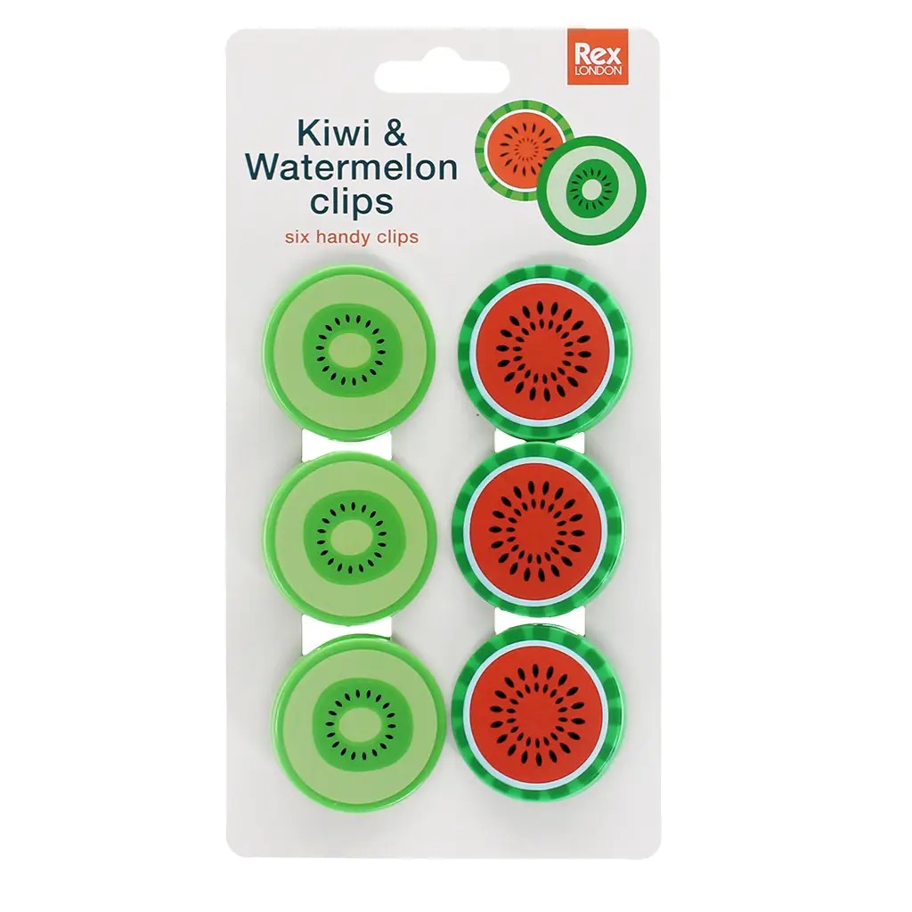 Kartonnen verpakking met zes clips in kiwi- en watermeloenvorm en de tekst Kiwi & Watermelon clips, six handy clips