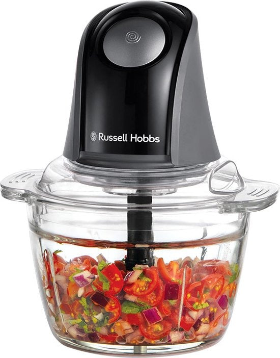 Russell Hobbs Mini Chopper, glazen kom gevuld met gehakte tomaat, ui en kruiden