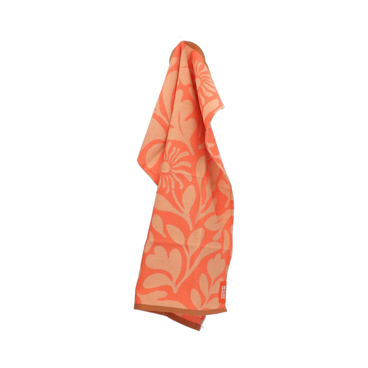 Return to Sender Theedoek Flower Carina - Coral op witte achtergrond