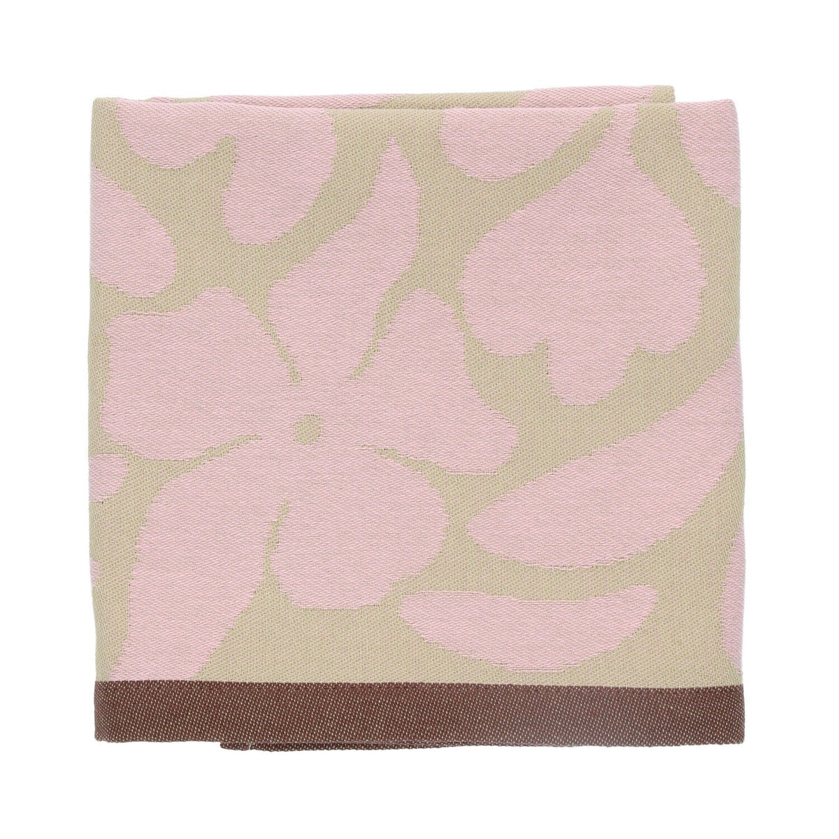 Theedoek Flower Carina - Sage Green, opgevouwen met grote roze bloem en bruine rand onderaan