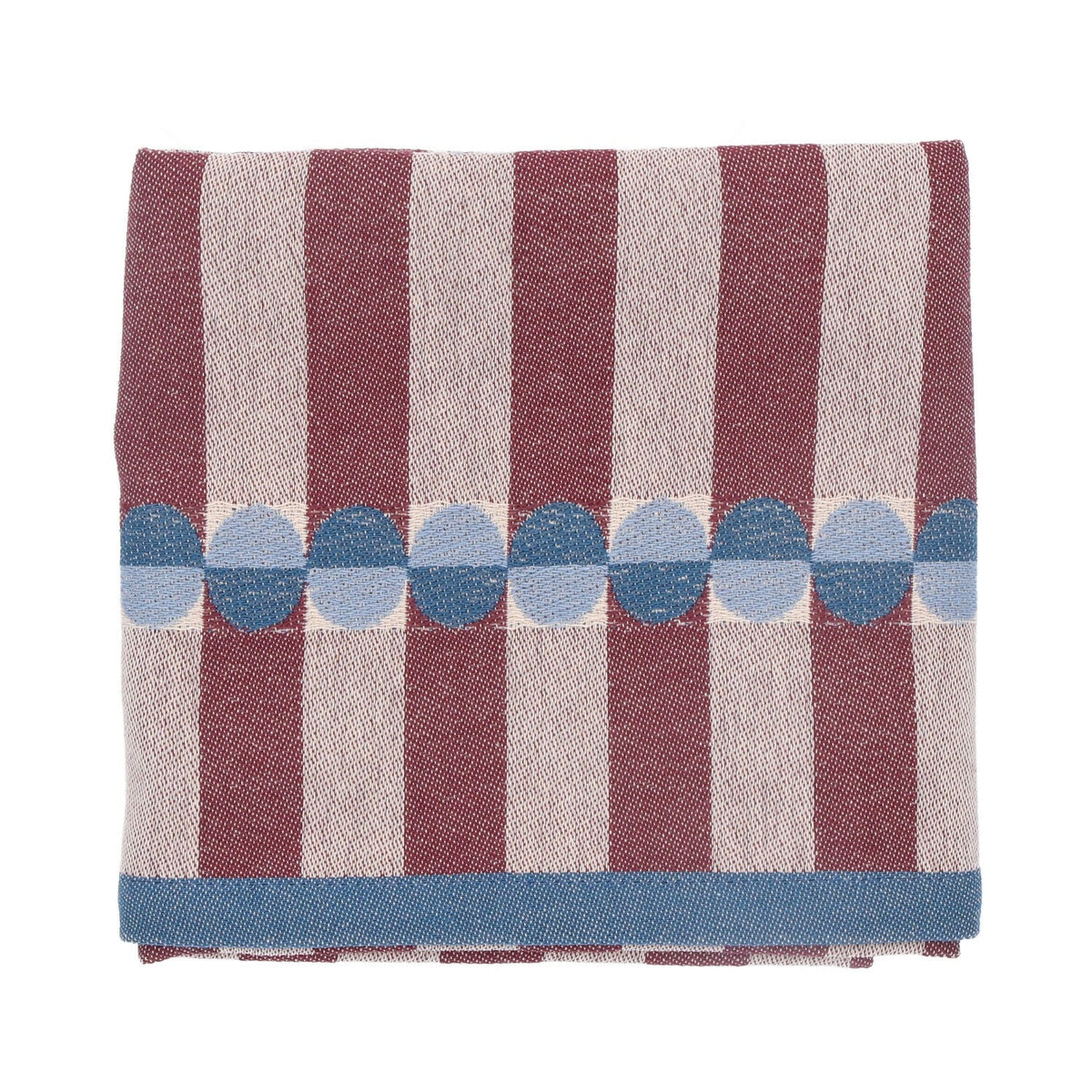 Theedoek Natural Ana - Burgundy, opgevouwen met een rij blauwe halve cirkels en blauwe rand onderaan