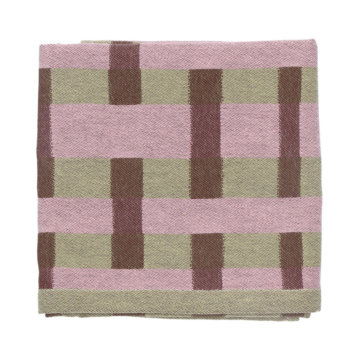 Theedoek Geometric Sofia - Sage Green, opgevouwen met brede roze en groene banden en bruine verticale banden
