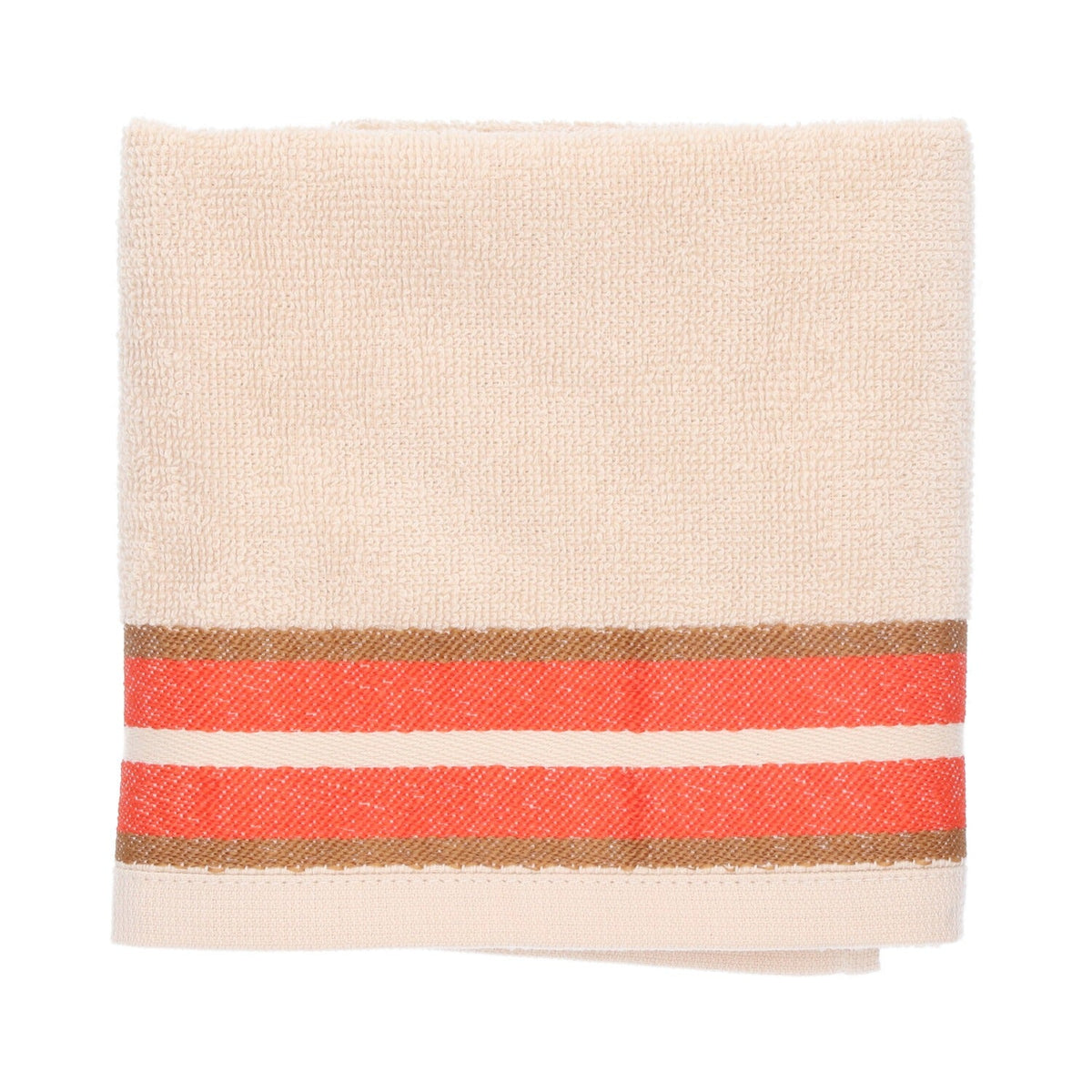 Keukendoek Carina - Coral, opgevouwen met twee koraalrode banen, bruine randen en crème middenstreep