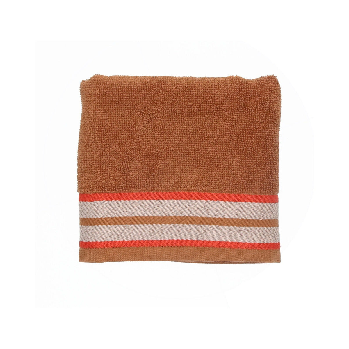 Keukendoek Sofia - Cashew, opgevouwen karamelbruin doek met crème banen tussen koraalrode strepen