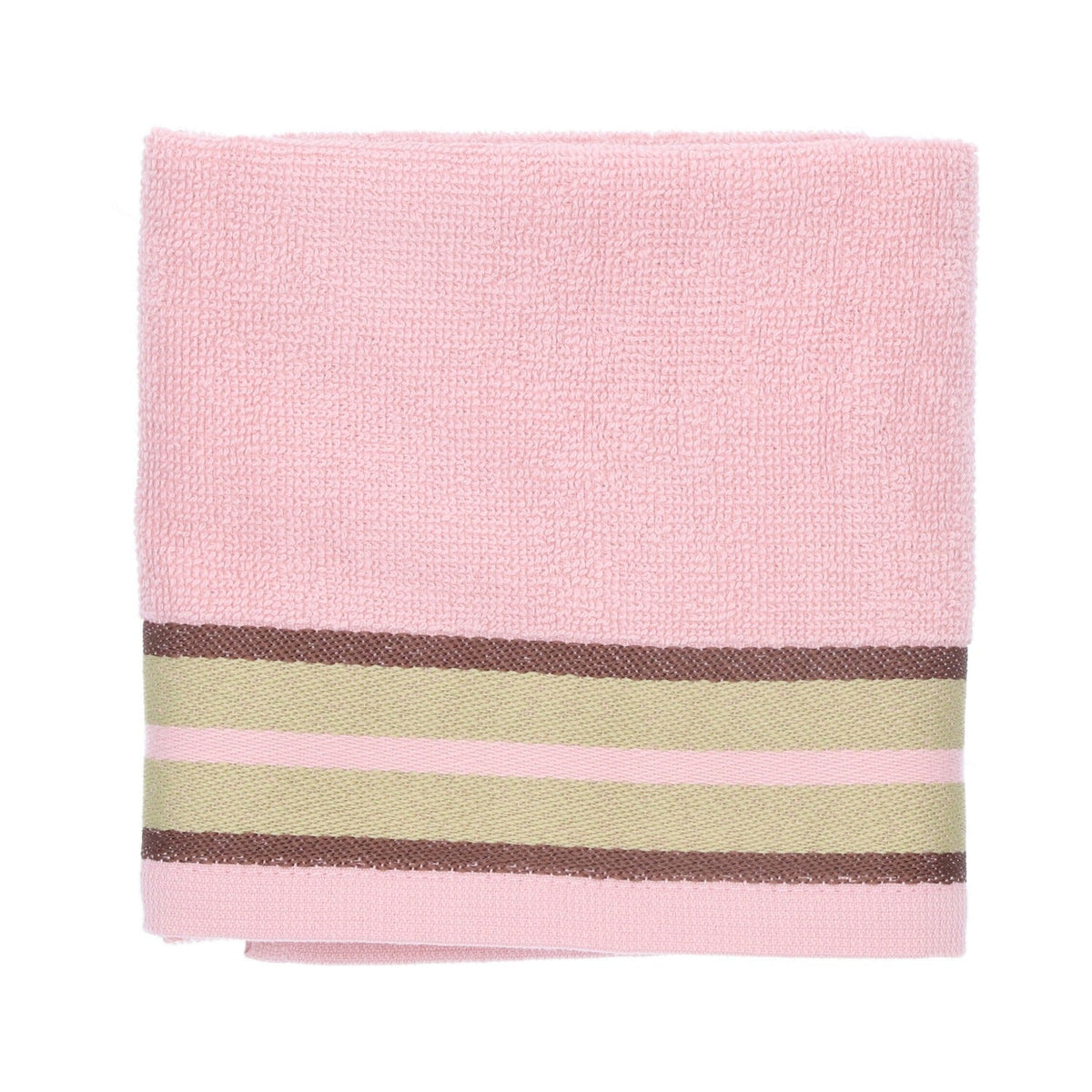 Keukendoek Carina - Soft Pink, opgevouwen met twee saliegroene banen en donkerbruine randen op roze doek
