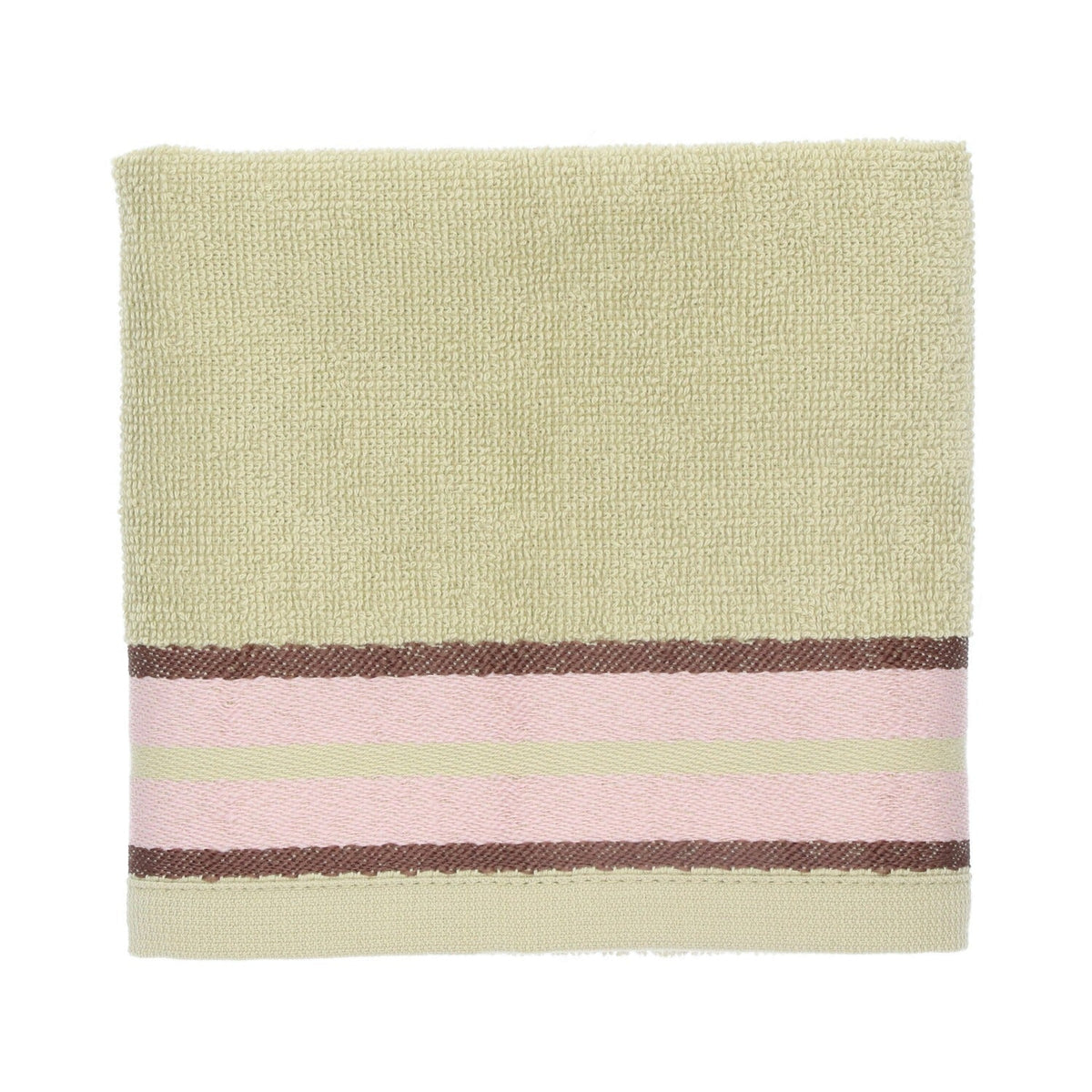 Keukendoek Ana - Sage Green, opgevouwen met twee roze banen, bruine randen en groene middenstreep