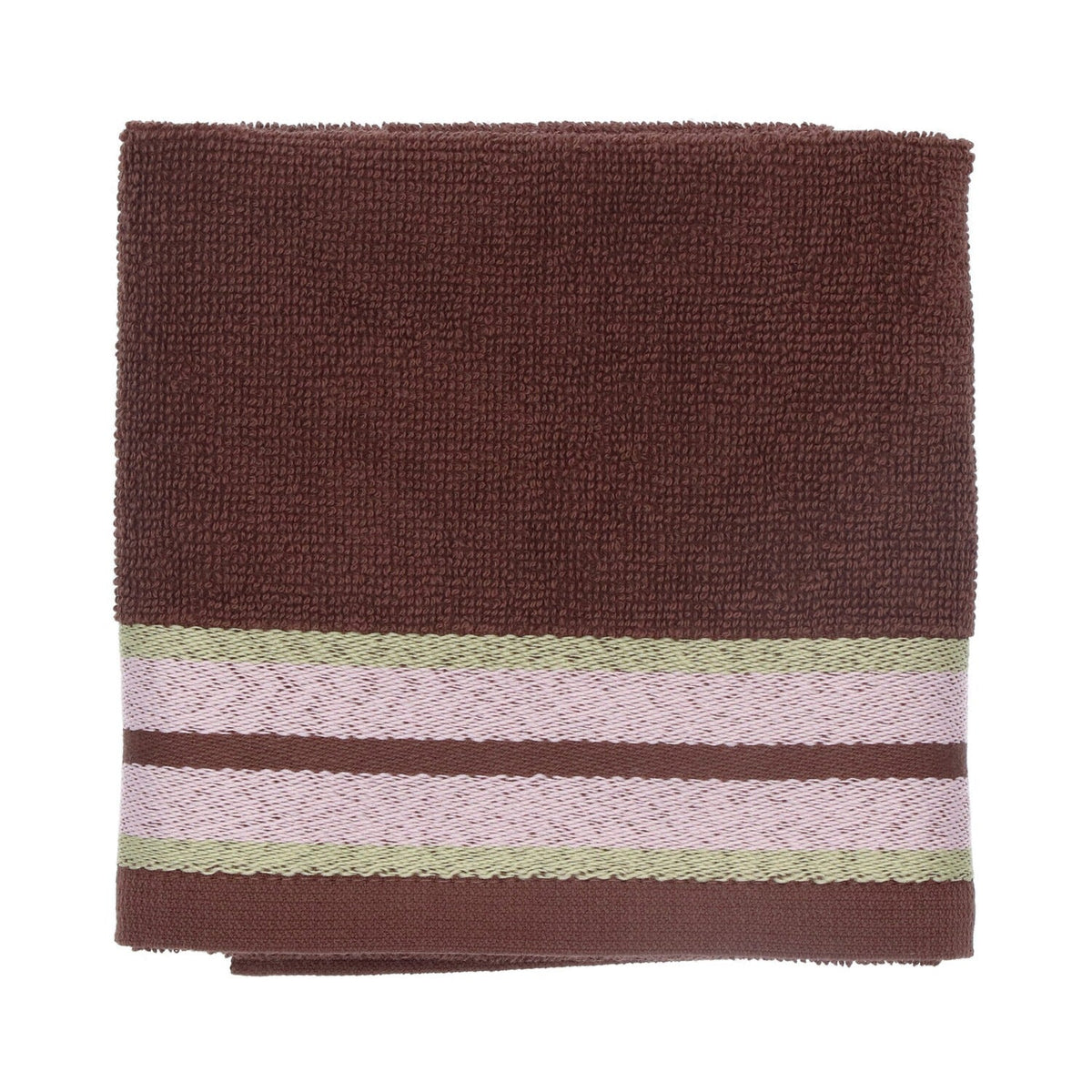 Keukendoek Sofia - Brown, opgevouwen donkerbruin doek met twee roze banen tussen groene strepen