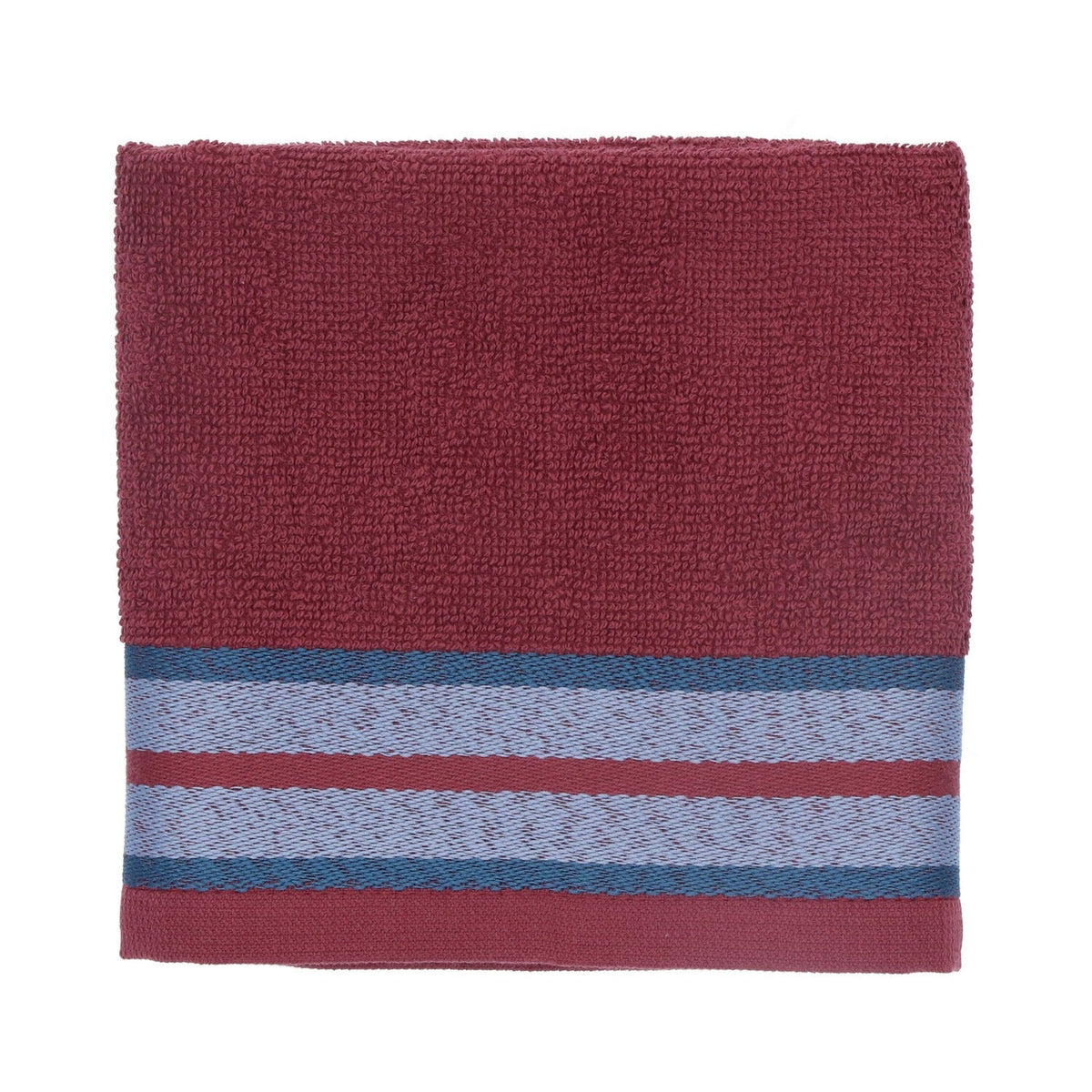 Keukendoek Carina - Burgundy, opgevouwen bordeauxrood doek met twee lichtblauwe banen en petrolblauwe randen