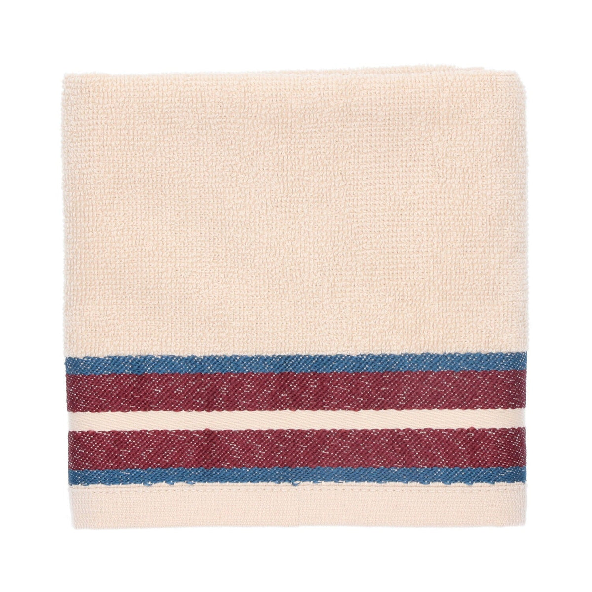 Keukendoek Ana - Soft Beige, opgevouwen crème doek met twee bordeauxrode banen tussen petrolblauwe strepen