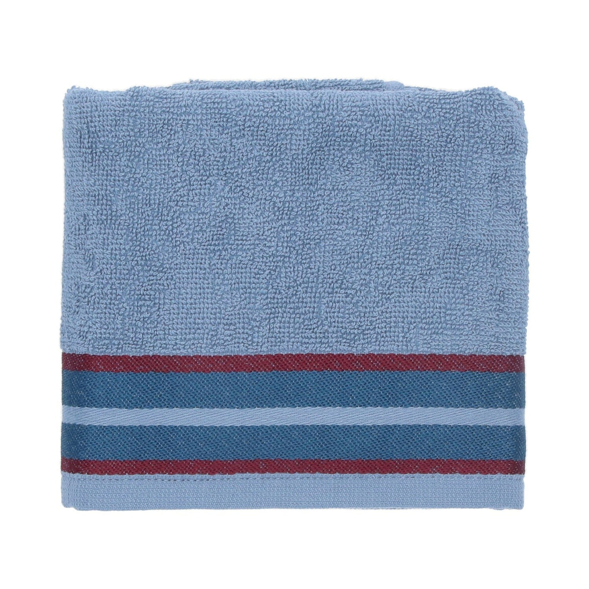 Keukendoek Sofia - Blue, opgevouwen grijsblauw doek met petrolblauwe banen en bordeauxrode randen