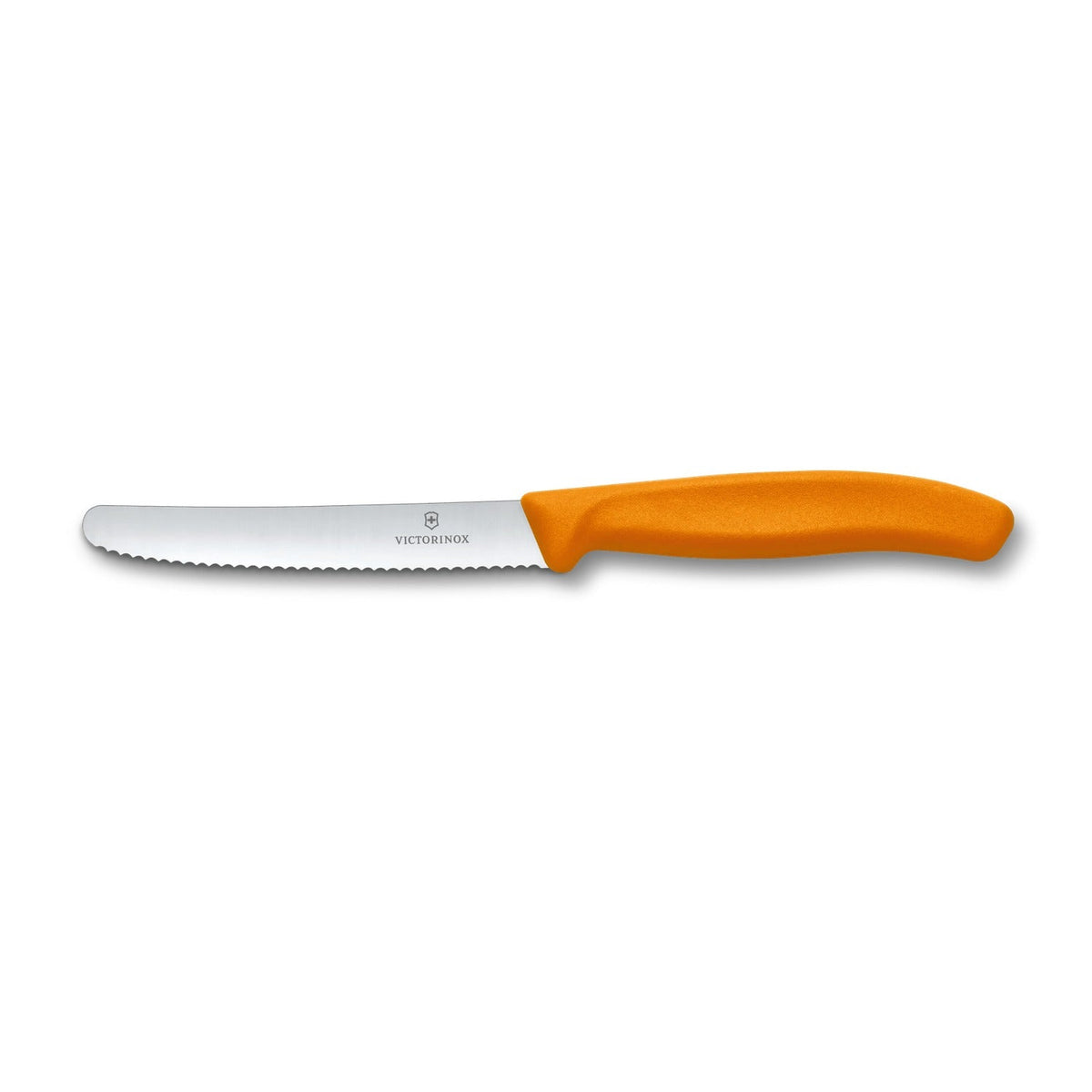 Victorinox Gekarteld Tomatenmes Oranje - 11 cm op witte achtergrond