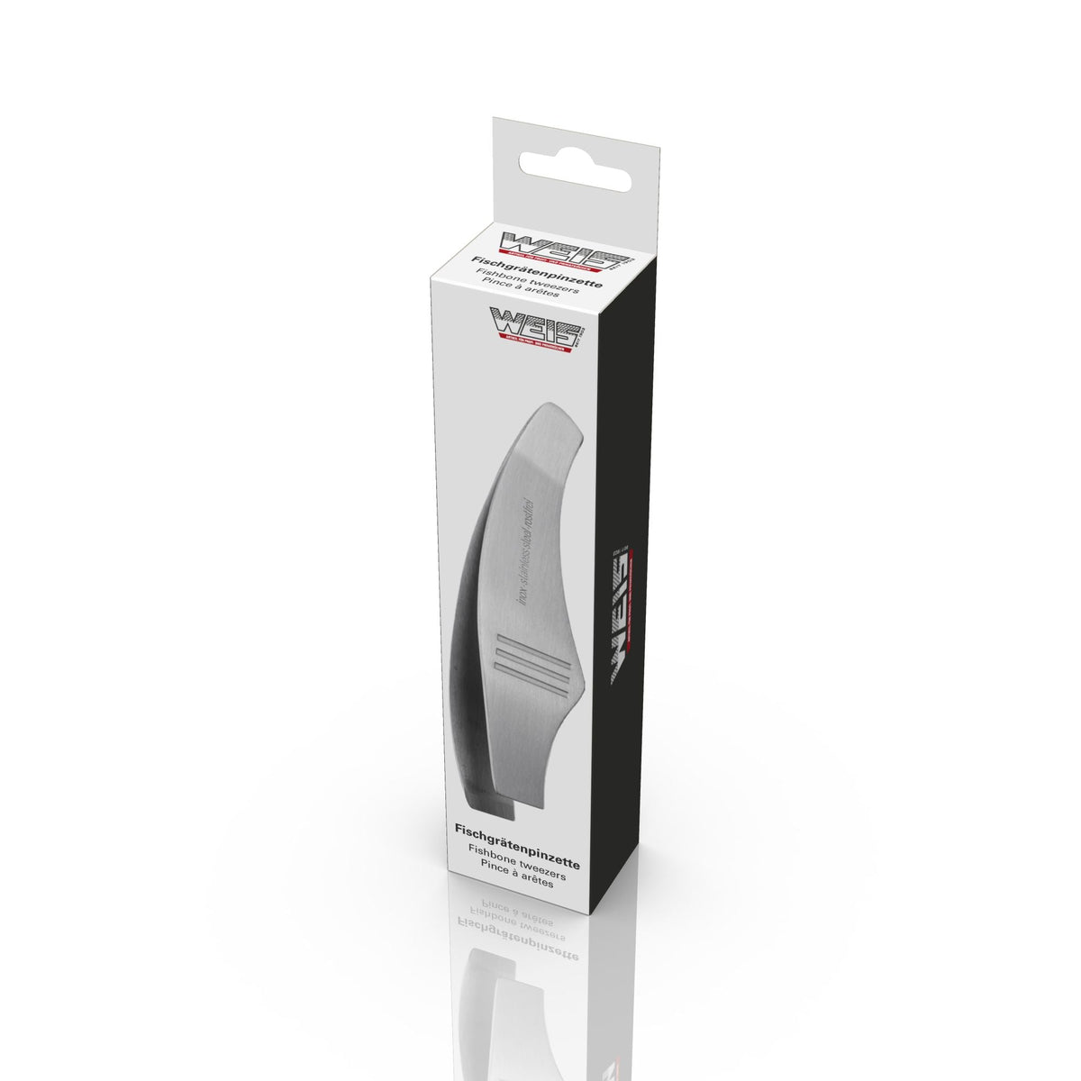 Hangverpakking van de visgraatpincet met Weis-logo en een afbeelding van de brede pincet