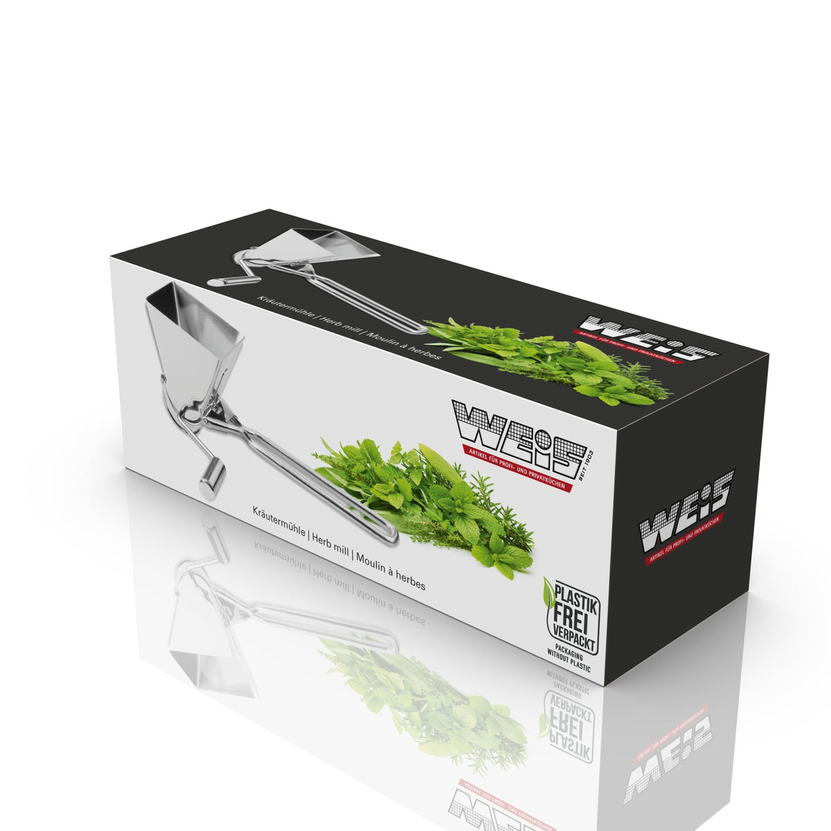 Kartonnen doos van de kruidenmolen met Weis-logo, afbeelding van de molen met kruiden en het logo Plastikfrei verpackt