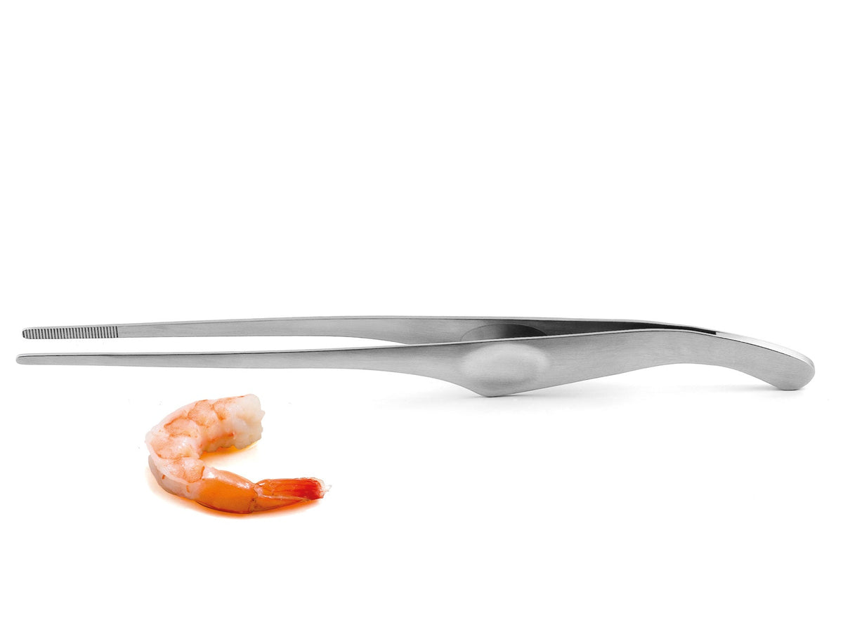 Weis Keukenpincet Ergonomisch op witte achtergrond naast een gepelde garnaal