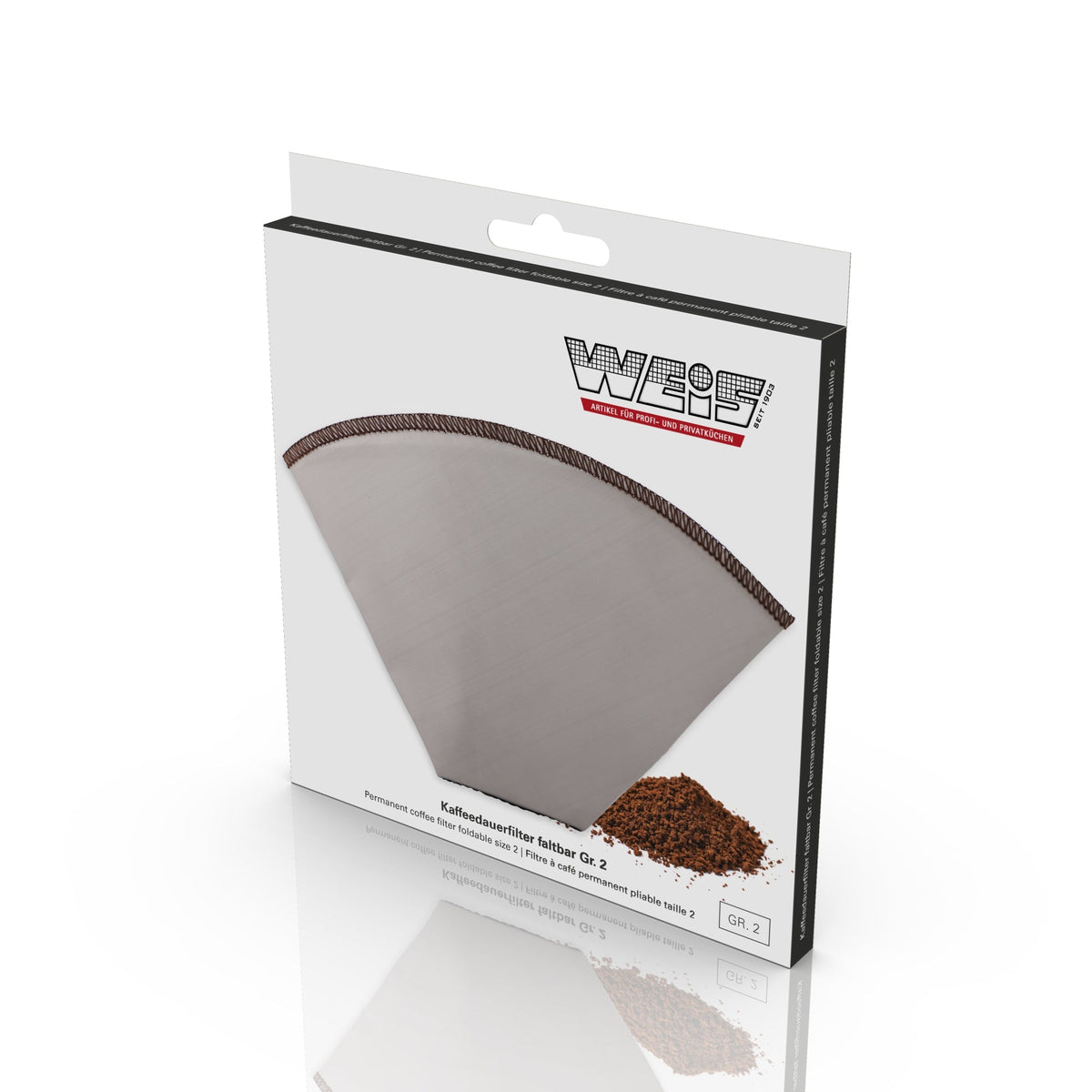 Weis-doos met ophangoog en daarop het opvouwbare koffiefilter van gaas met bruine zoom en een hoopje koffie