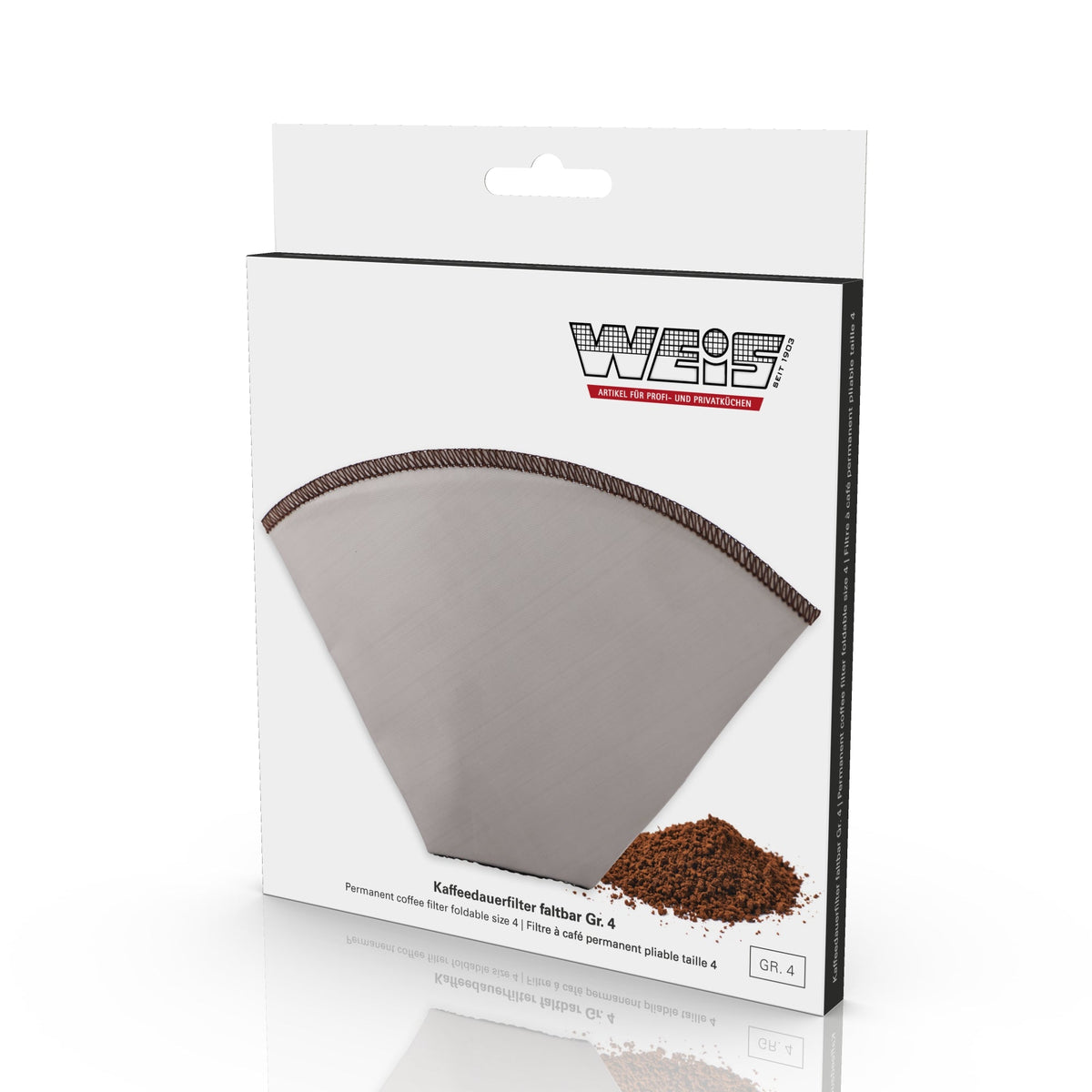 Weis-doos met ophangoog en daarop het grote opvouwbare koffiefilter van gaas met bruine zoom en een hoopje koffie