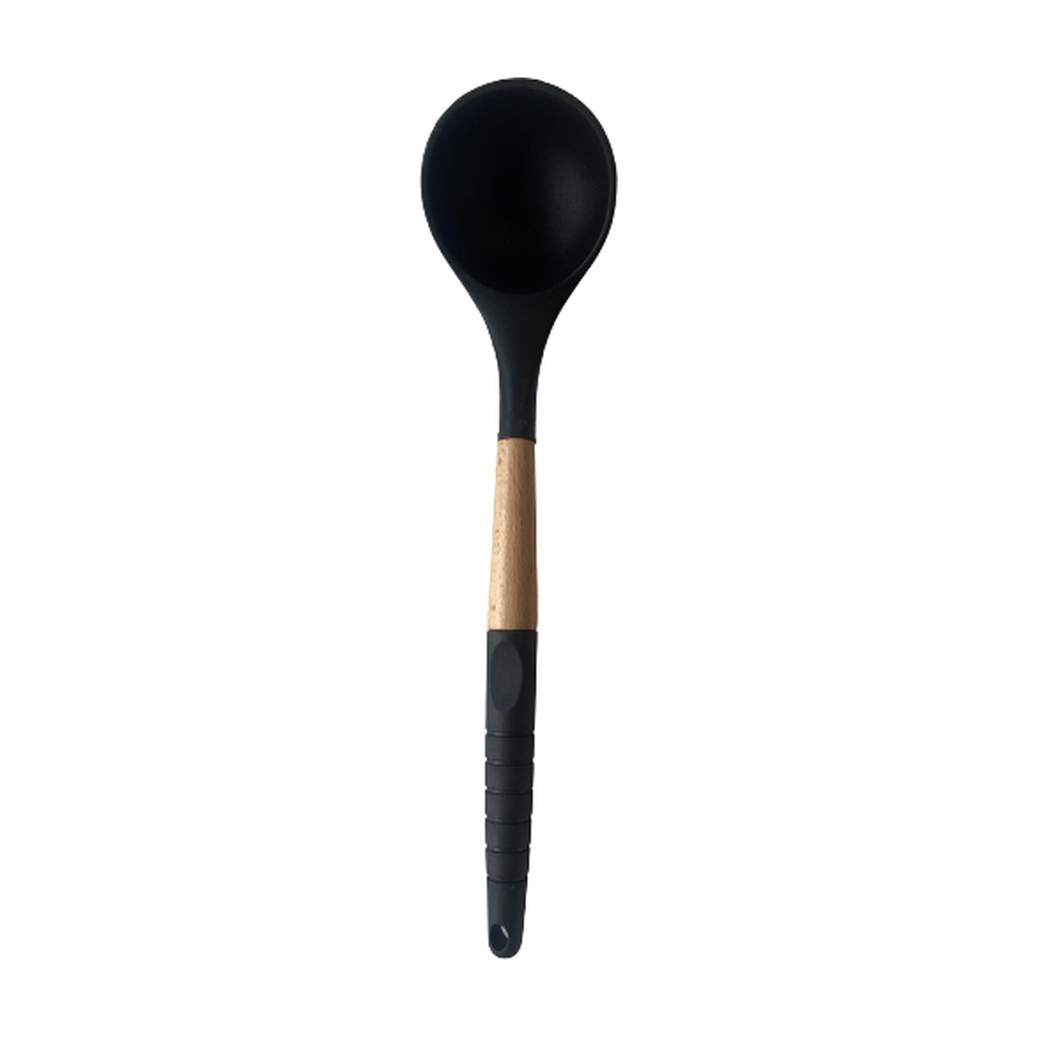 Slowtime Siliconen Soeplepel Zwart/Hout - 33 cm op witte achtergrond