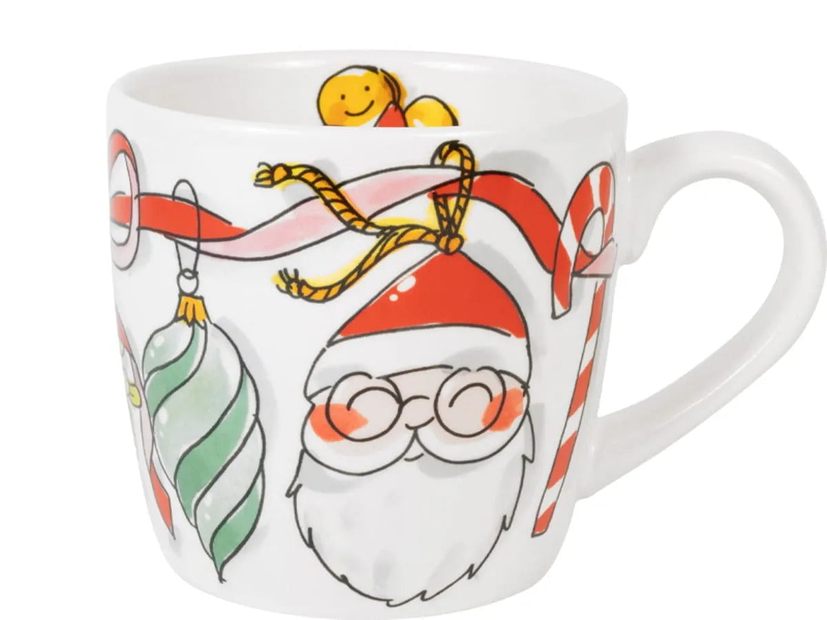De cappuccinobeker met een kerstman met bril, een zuurstok en een groene kerstbal