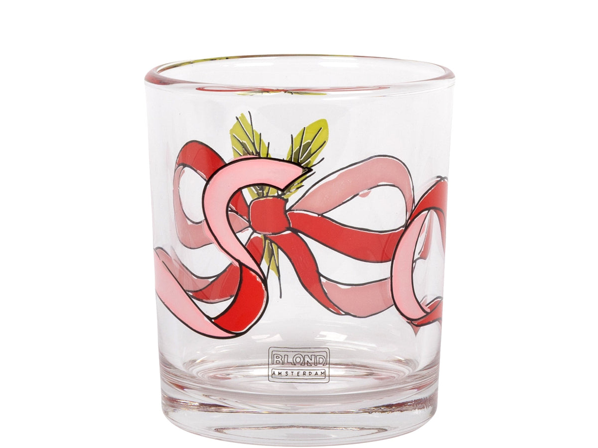 Achterkant van het glas met een strik en het logo van Blond Amsterdam