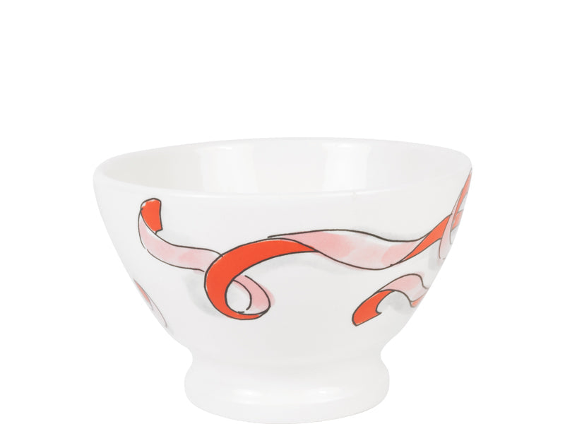 De kom van opzij met een rood-roze lint