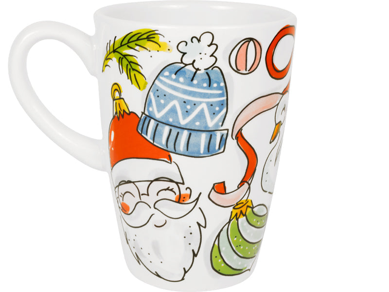 De beker met de kerstman met muts, een zwaan en een kerstbal
