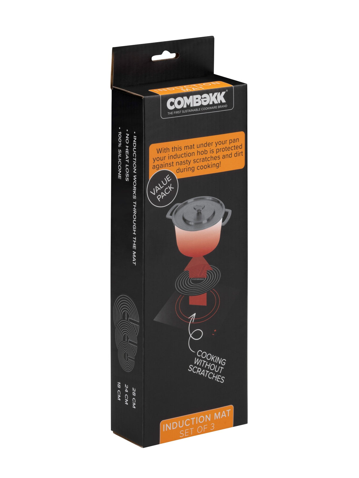Verpakking van de Combekk inductiemattenset met de maten 18, 24 en 28 cm