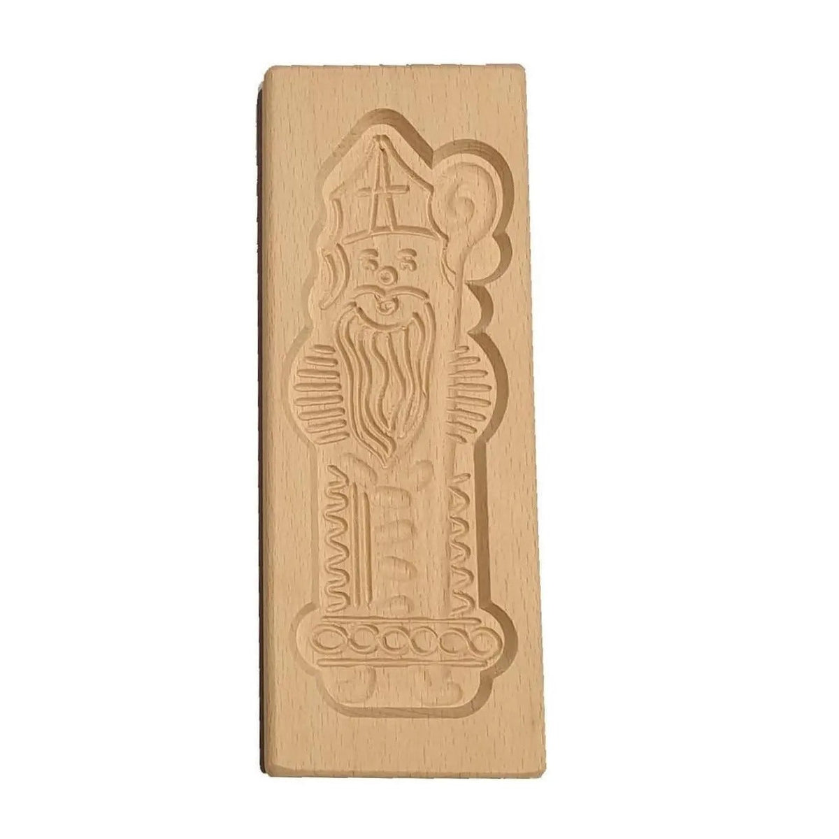 De sinterklaasfiguur uitgesneden in het hout, schuin van boven