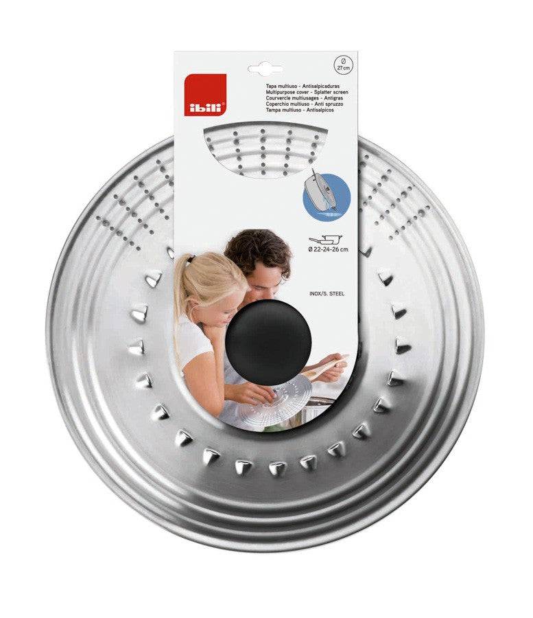 Ibili Afgietdeksel, op de retailverpakking met rood Ibili-label en foto van gebruik in de keuken