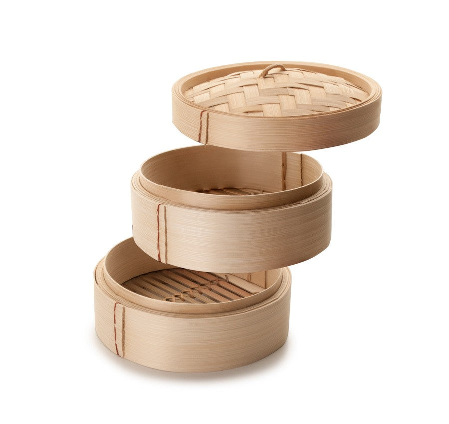 Ibili Bamboe Stomer 20 cm Hout, uit elkaar getrokken weergave met deksel en twee geweven bamboe manden los van elkaar