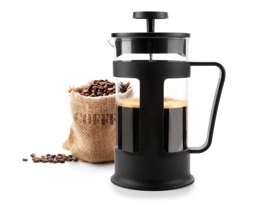 Ibili Cafetière Transparant/Zwart, cafetière gevuld met koffie naast een jute zakje koffiebonen