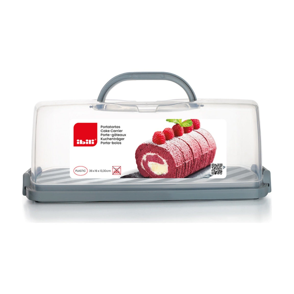 Ibili Cakedoos Bewaardoos, rechthoekige cakedrager met grijze greep en transparante koepel, met productlabel met cakerol