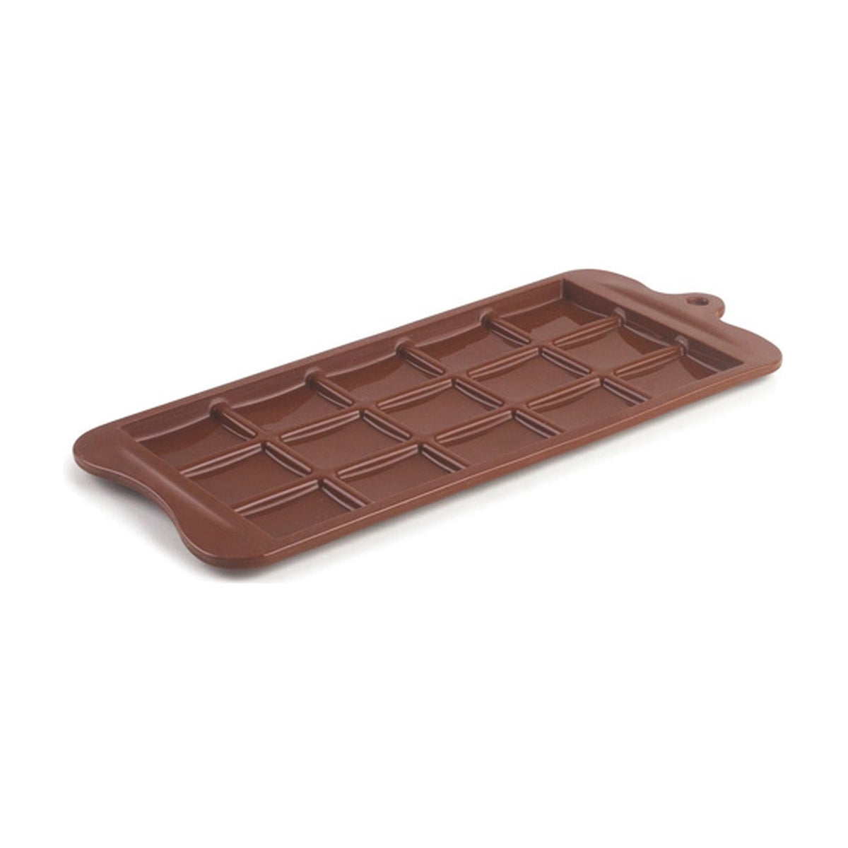 Ibili Chocoladereepvorm, bruine siliconen bakvorm schuin gefotografeerd met vakjespatroon