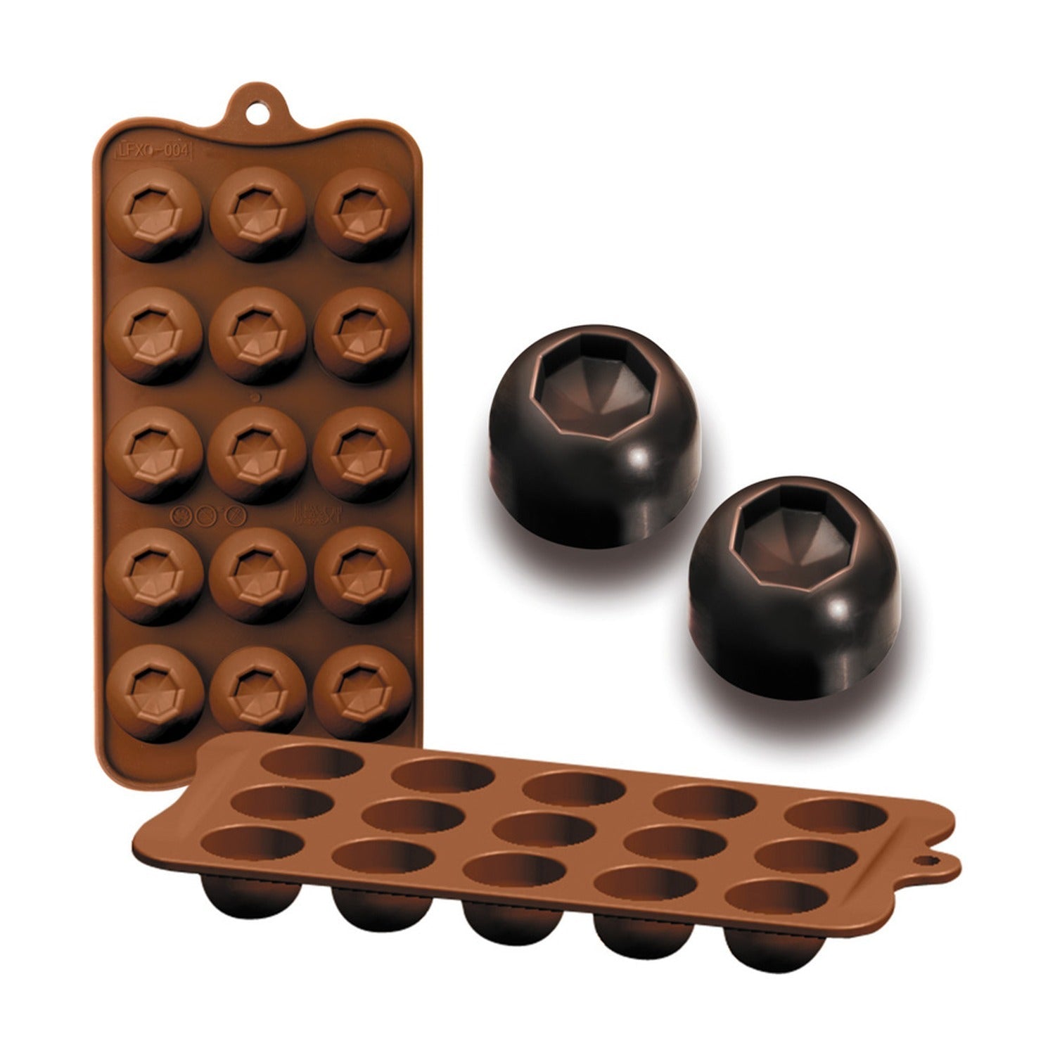 Ibili Chocoladevorm Imperial, bruine siliconen bonbonvorm met bolvormige vakjes en twee uitgevormde chocolaatjes met puntige diamantvorm