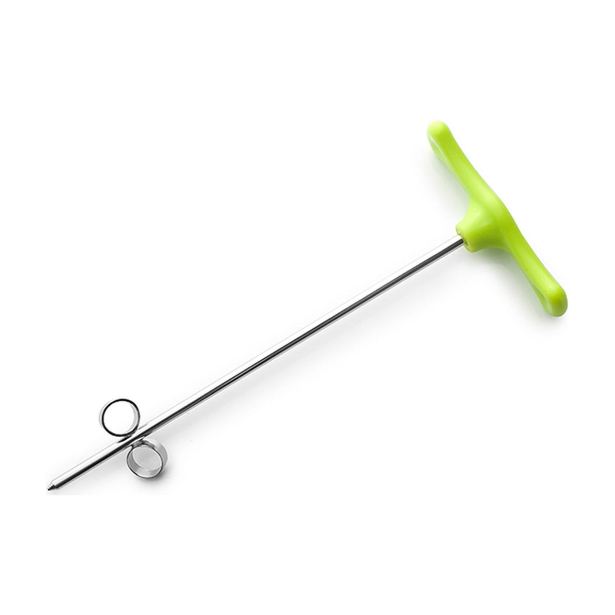 Ibili Decoratiespuit Dubbele Spiraal, groen handvat met dunne roestvrijstalen spiraalsteker op witte achtergrond.