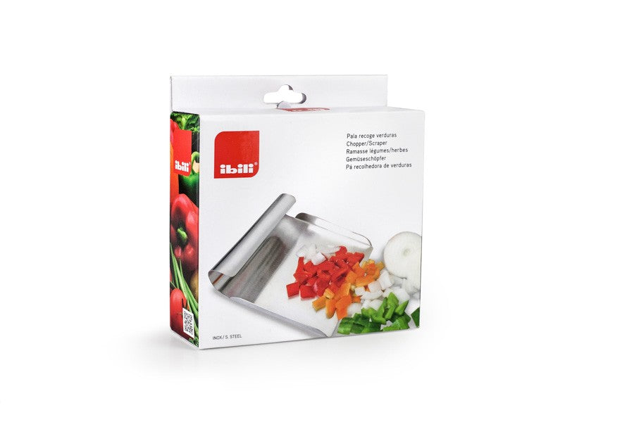 Ibili Deegschraper RVS, op de retailverpakking met rood Ibili-label en afbeelding van groenten.