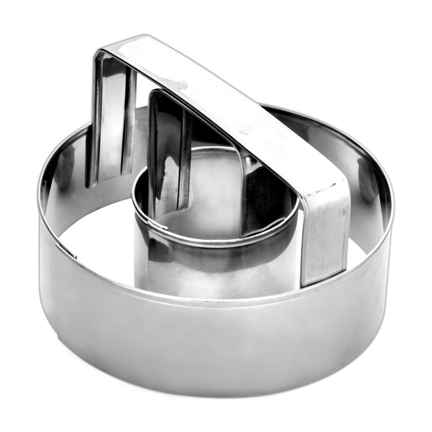 Ibili Donutsteker, roestvrijstalen uitsteekvorm met dubbele ring en handvat op witte achtergrond.