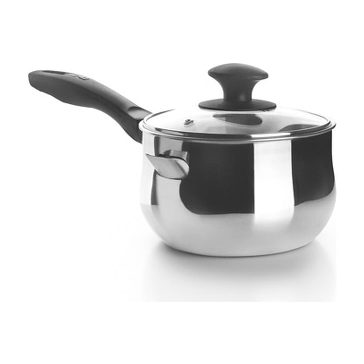 Ibili Double Melkpan met Deksel 16 x 9 cm, roestvrijstalen steelpan met glazen deksel en zwarte handgreep op witte achtergrond