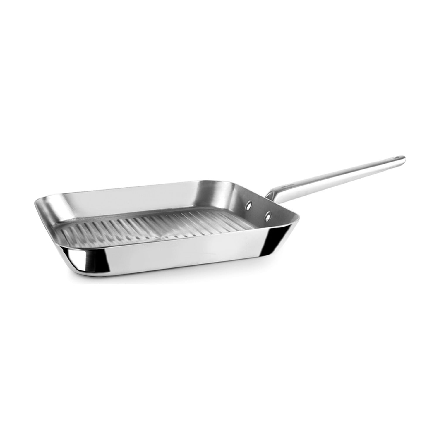 Ibili Element Grillpan 5-Ply 24 cm, roestvrijstalen grillpan met geribbelde bodem, schuin zijaanzicht met lange steel