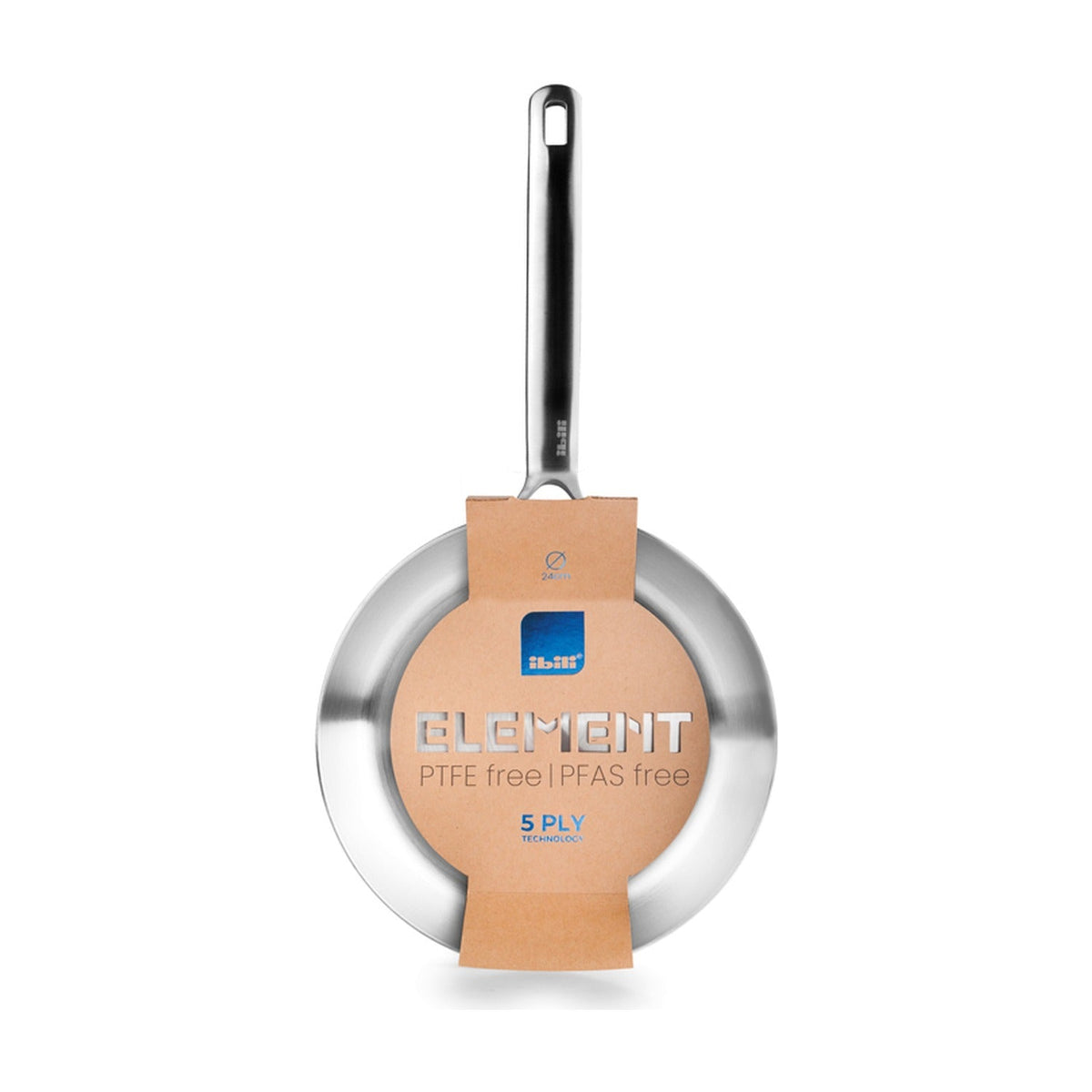 Ibili Element Koekenpan 5-Ply 30 cm, roestvrijstalen koekenpan met kraft-kartonnen label 'Element PTFE free PFAS free' om de steel