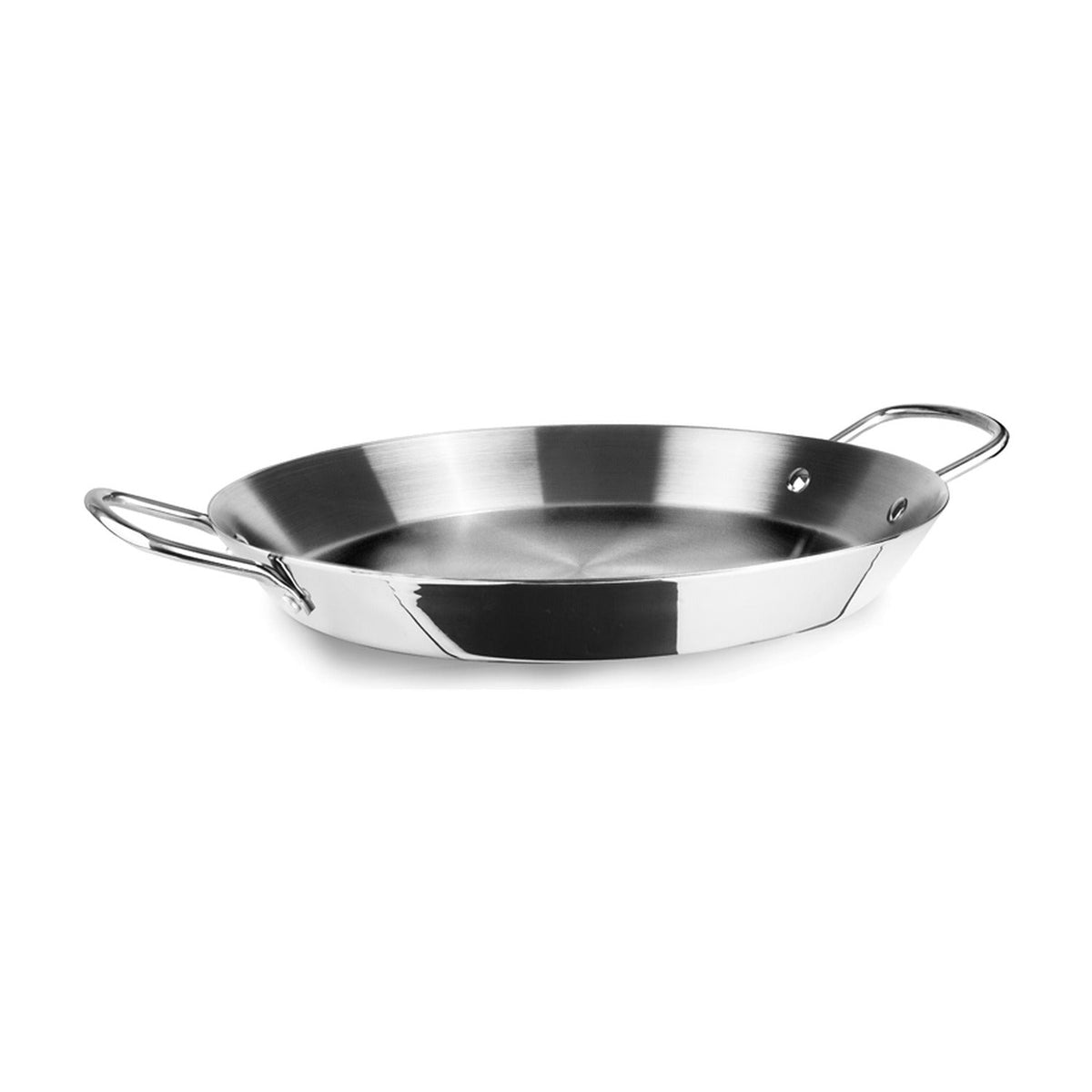 Ibili Element Paellapan 5-Ply 38 cm, roestvrijstalen paellapan met twee metalen lus-handvatten, schuin zijaanzicht