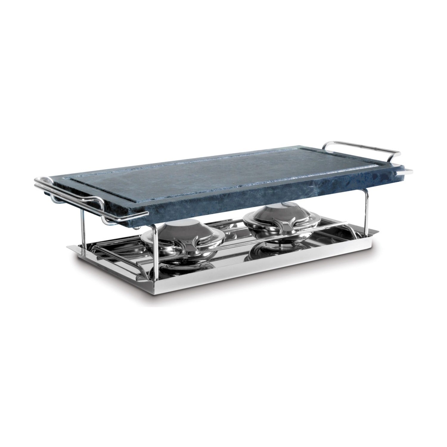 Ibili Grillsteen 37 x 18 cm, grijze grillsteen op roestvrijstalen standaard met twee brandercups