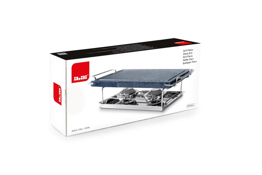 Ibili Grillsteen 37 x 18 cm, op de retailverpakking met productafbeelding en Ibili-logo
