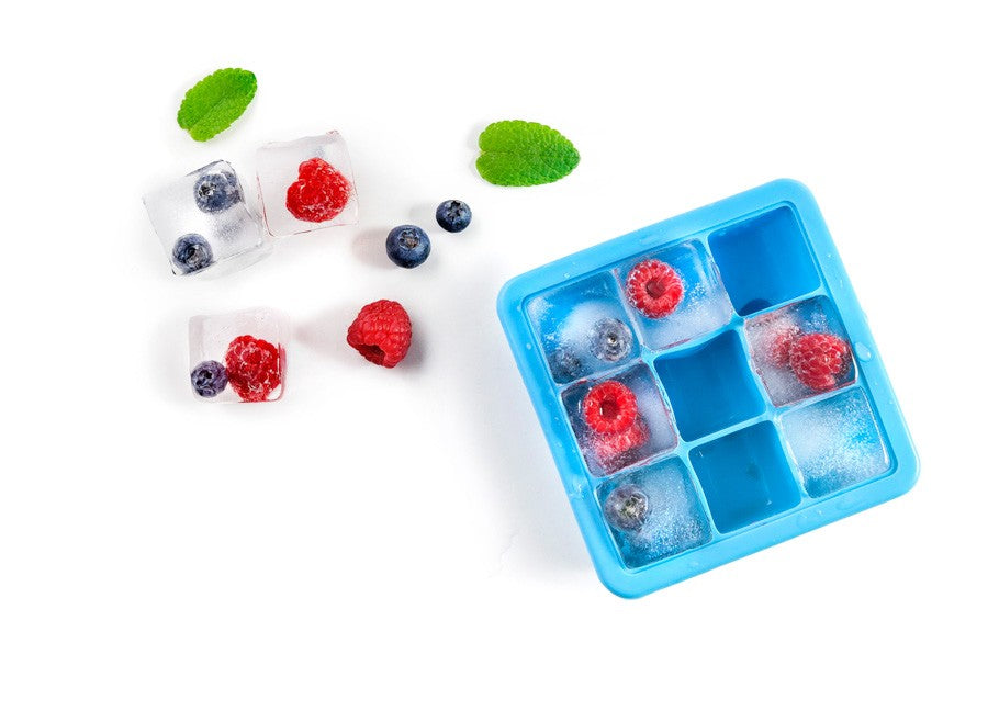 Ibili IJsblokjesvorm met Deksel - 9 vaks, gevuld met fruit en muntblaadjes voor ijsblokjes.